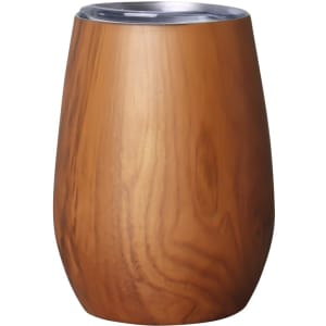 A drink bottle in a wood finish with a stainless steel lid, featuring a logo on its surface.