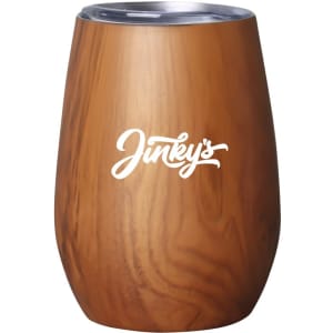A drink bottle with a wooden finish and a silver lid, featuring a logo on the front.