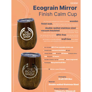 A drink cup with a wooden finish in a Kraft gift box, made from double-walled stainless steel, featuring a logo.