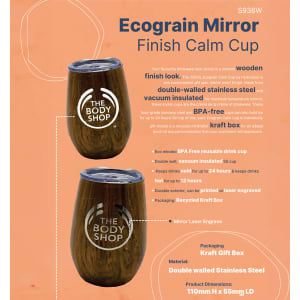 A drink cup with a wooden mirror finish, stainless steel interior, featuring a logo and packaged in a kraft gift box.