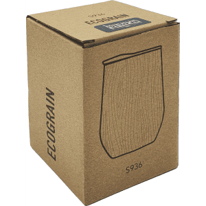 A drink bottle in a natural wood finish inside a kraft cardboard box. The box features a logo.