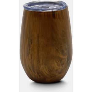A drink bottle in a wood-textured finish with a clear lid, featuring a sleek and modern design.