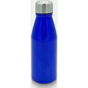 A drink bottle in vibrant blue with a stainless steel cap and a sleek, modern design, featuring a logo.