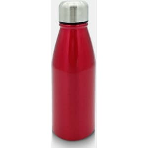A drink bottle in vibrant red with a stainless steel cap, featuring a sleek design and a logo.