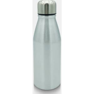 A drink bottle made of stainless steel with a silver finish and a rounded metal cap. It features a logo.