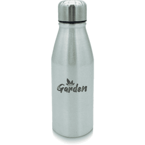A drink bottle in silver aluminium with a stainless-steel screw top and a logo printed on the side.