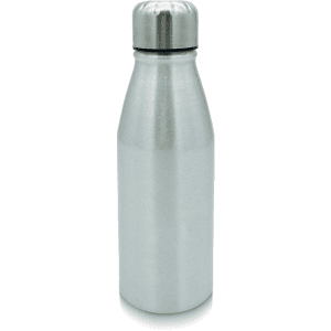 A drink bottle made of aluminium, featuring a sleek silver design and a stainless steel cap.