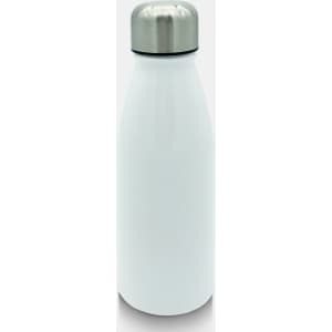 A drink bottle in white with a stainless steel cap and a branded logo. Ideal for hydration on the go.