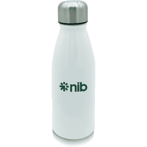 A drink bottle in white with a stainless steel cap and a logo on the front.