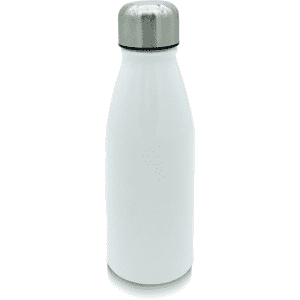 A drink bottle in white aluminium with a stainless steel lid and a logo on its surface.