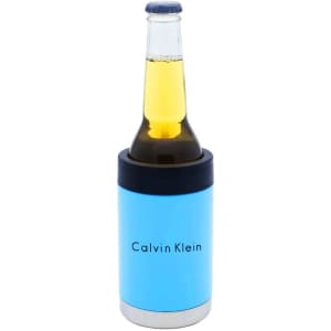 A blue stubby cooler holds a beer bottle, featuring a black top and a logo.