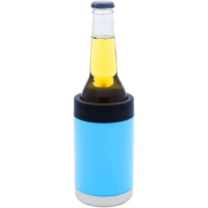 A drink bottle cooler in light blue with a black top, designed to hold stubby bottles securely.