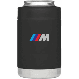 A black stubby cooler with a silver base, featuring a branded logo on the front.