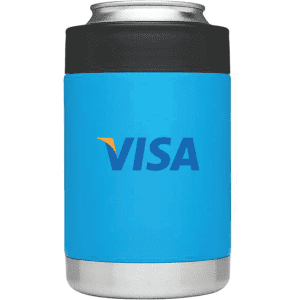 A drink holder featuring a blue exterior and a silver base, with a logo on the front.