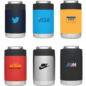 A set of six stubby coolers in various colours, featuring logos and a stainless steel base.