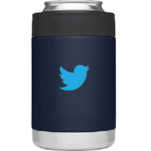 A drink cooler in navy blue with a silver bottom and a logo. Ideal for holding beverages.
