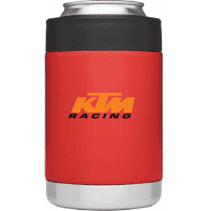 A red stubby cooler with a black top, featuring a logo in the centre. Suitable for holding drink cans.