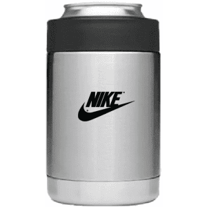A stainless steel stubby cooler with a black top and a logo. Suitable for holding cans.