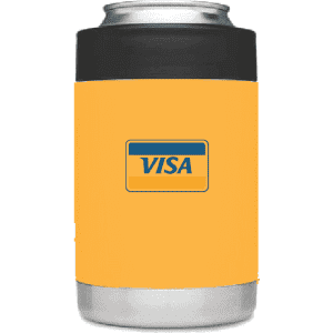 A stubby cooler in bright yellow with a black base, featuring a logo on the front.