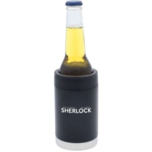 A stubby cooler in black with a silver base, holding a beer bottle. It features a logo.
