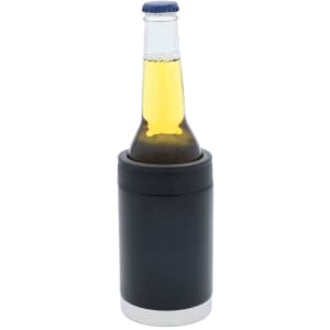 A black stubby cooler with a silver base holding a beer bottle. It features a simple design and includes branding.