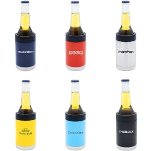 A selection of six stubby coolers in various colours, each holding a drink bottle and featuring logos.