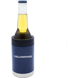 A drink bottle cooler in navy with a silver base, designed to hold a bottle securely. Features a logo.