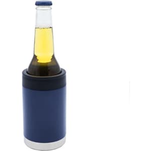 A drink bottle holder in navy with a silver base, designed to keep beverages cool.