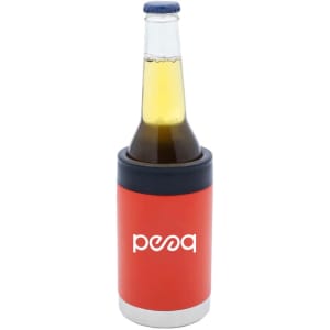 A red stubby cooler with a black top holding a bottle of beer. It features a logo.
