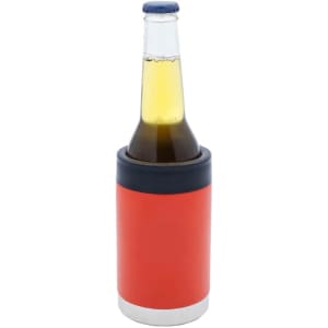 A stubby holder in bright red and black, with a beverage bottle inside. It features a logo on the front.