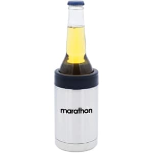 A stainless steel stubby cooler with a black top, holding a beer bottle. It features a logo on the front.