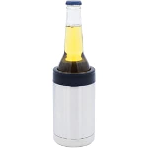 A silver stubby cooler containing a bottle of beer, featuring a dark blue top and a sleek design.