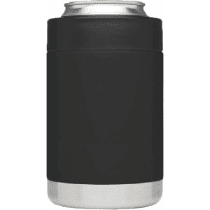A black stubby cooler with a stainless steel base, designed to hold drink cans securely.