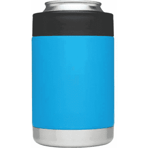A drink bottle featuring a vibrant blue exterior with a black top and a stainless steel base, designed as a stubby holder.