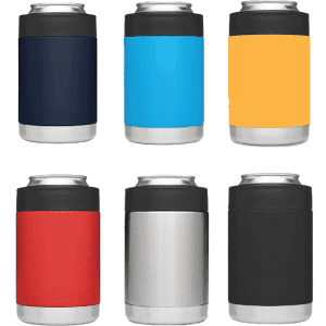 A selection of Dundee Stubby Coolers in navy, blue, orange, red, silver, and black, each with a logo.