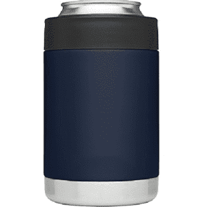 A navy blue stubby cooler made from stainless steel with a grey top. It features a logo on the surface.