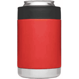 A red stubby cooler with a black top section, designed for holding drink cans. It has a stainless steel base and a logo.