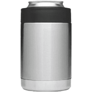 A stainless steel stubby cooler with a black silicone band, featuring a logo. Ideal for keeping drinks cold.