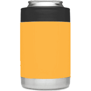 An orange stubby cooler with a black top, designed for holding drinks.