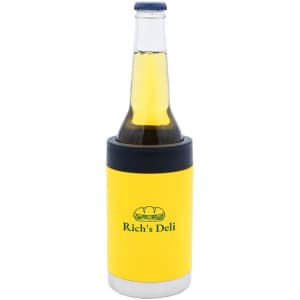A yellow stubby cooler with a black base, holding a clear bottle. It features a logo.
