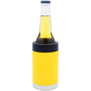 A drink bottle covered in a bright yellow stubby holder with a black top and a silver base.