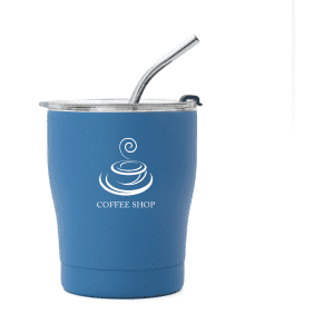 A drink bottle featuring a blue exterior, stainless steel straw, and a clear lid, with a logo on the front.