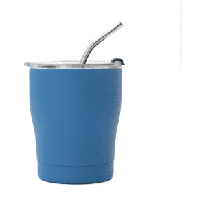 A drink bottle in a vibrant blue colour with a stainless steel straw and a clear lid, featuring a logo.