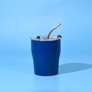 A drink bottle featuring a blue exterior, with a removable lid and metal straw, designed for travel use.
