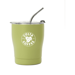 A drink bottle in olive green with a clear lid and stainless steel straw, featuring a logo on the front.