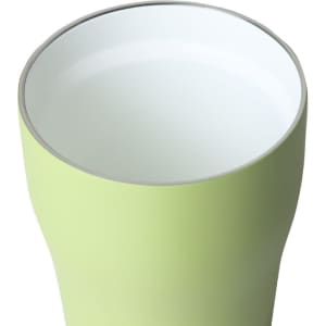 A drink bottle in a light green colour with a white interior and a silver rim. It features a logo.