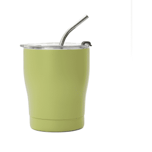 A drink bottle in a pastel green colour featuring a stainless steel straw and a clear lid, with a branding logo.
