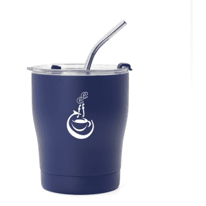 A drink bottle in dark blue with a straw, featuring a logo on the side. Ideal for travel use.