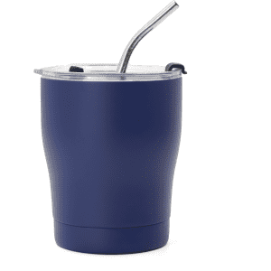 A drink bottle featuring a navy exterior, a clear lid, and a metal straw, designed for on-the-go use.