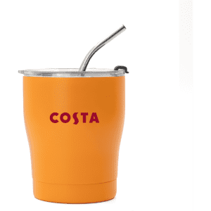 An orange travel tumbler with a stainless steel straw and a transparent lid, featuring a logo on the front.